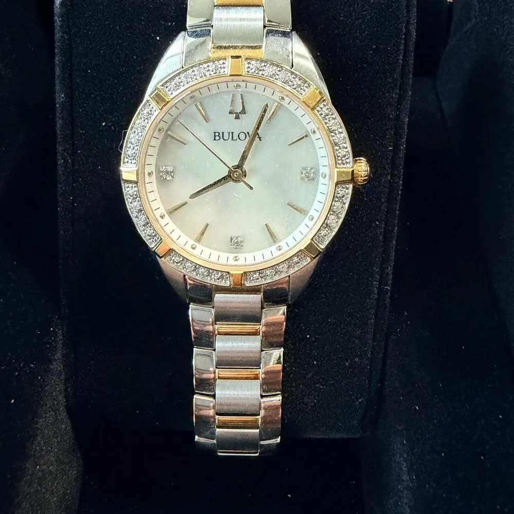 Bulova Sutton Two-Tone Diamond Watch MOP Dial Model 98R263